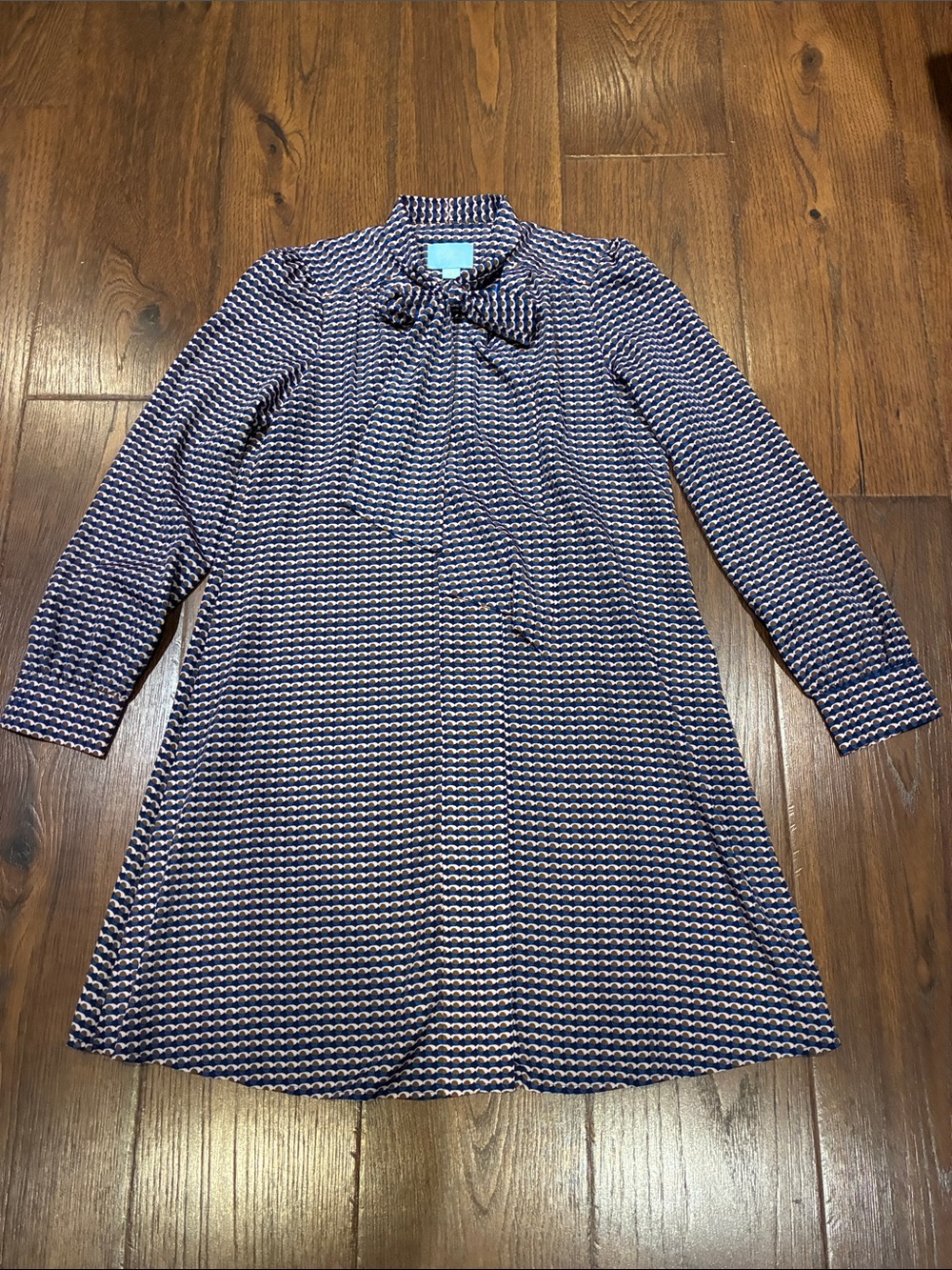 CeCe Navy and White Wave-Print Bow-Front Mini Dress